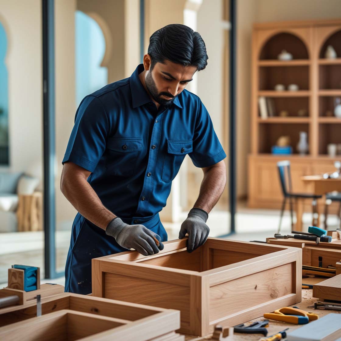 Carpenter making a wooden furniture in a Doha apartment.