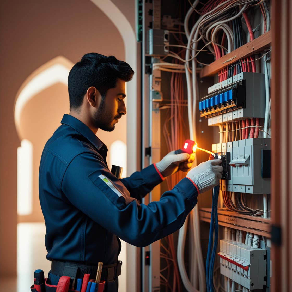 Electrician fixing a power board in a modern Doha home.