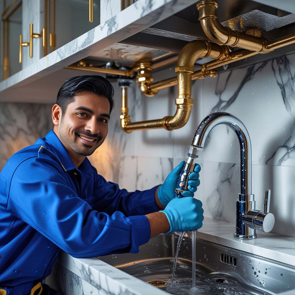 Plumber fixing a kitchen sink pipe in a Doha apartment.