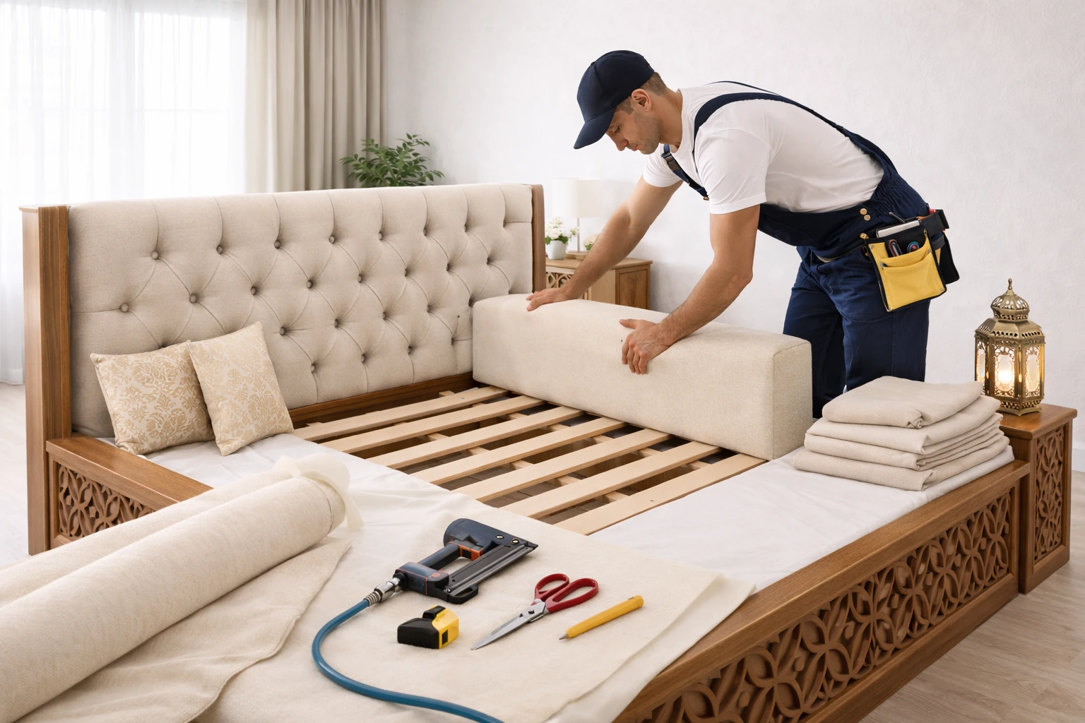Brown fabric sofa, sofa upholstery and repair Doha