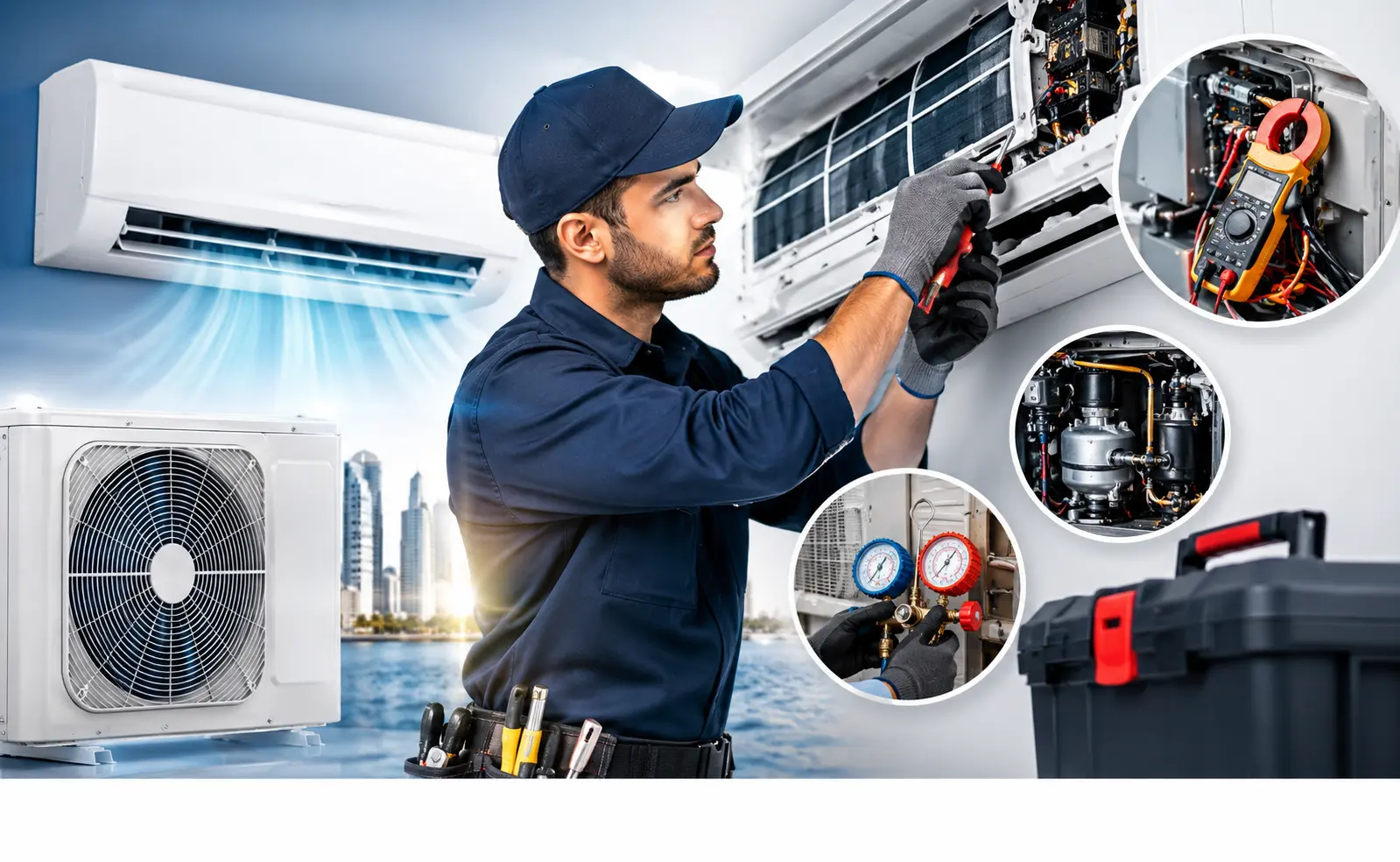 AC repair service technician fixing air conditioner unit Doha Qatar