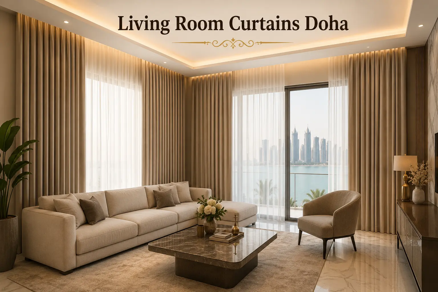 Living room curtains Doha Qatar floor to ceiling custom drapes villa apartment