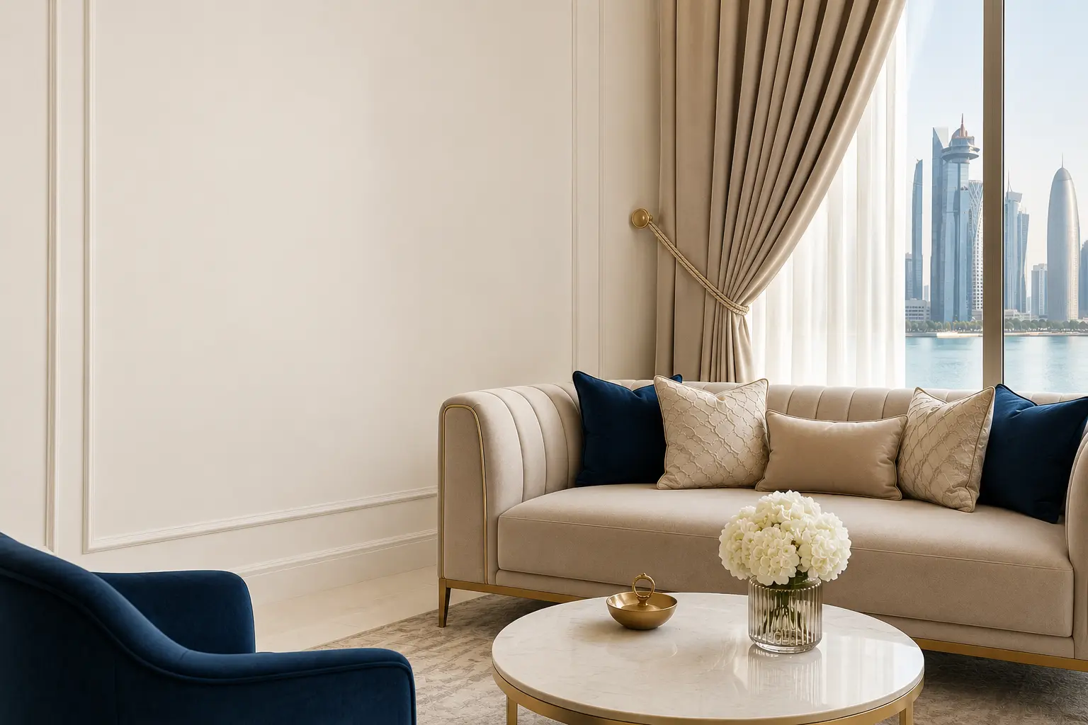 Custom curtain tailoring Doha Qatar living room window treatment interior