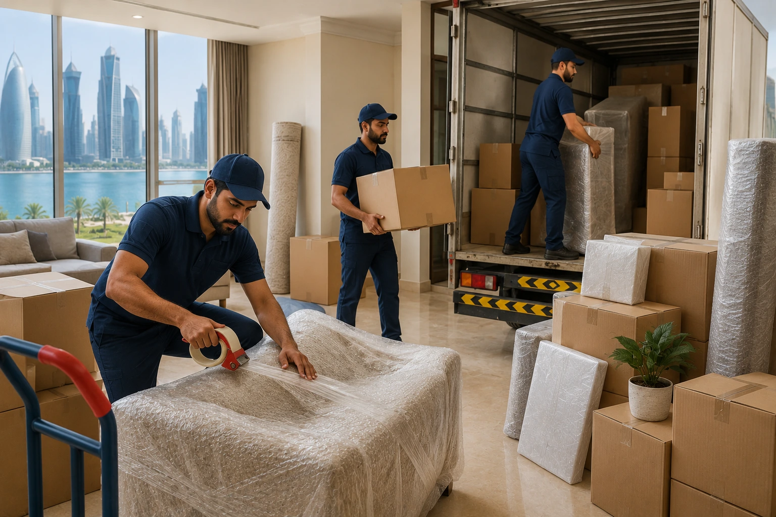 Couple packing boxes while relocating, packers and movers Doha