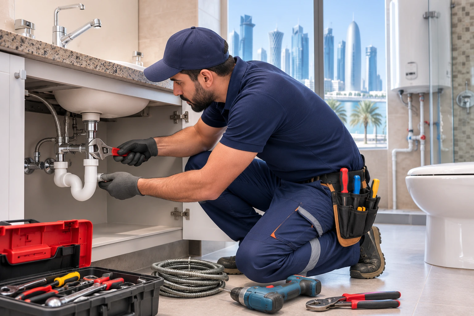 Plumber installing pipe fittings, plumbing services Doha