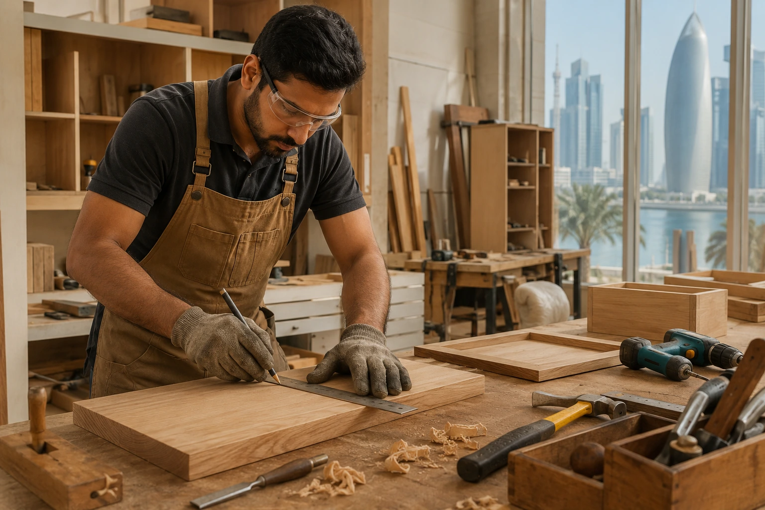 Carpenter working with wood in a workshop in Doha